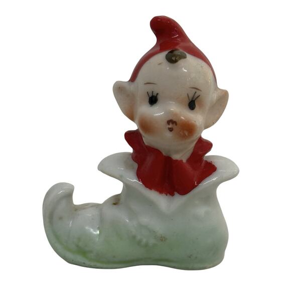 Mid Century Pixie Elf Ceramic Figurine Red Hat Coat Green Shoe Japan Christmas - Picture 13 of 13